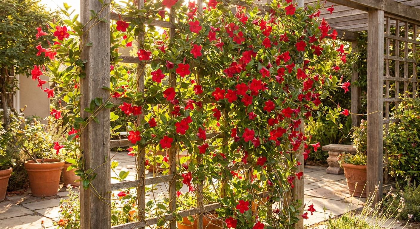 A mandevilla vine climbing a wooden trellis on a sunny patio, with long twining stems and red trumpet-shaped flowers