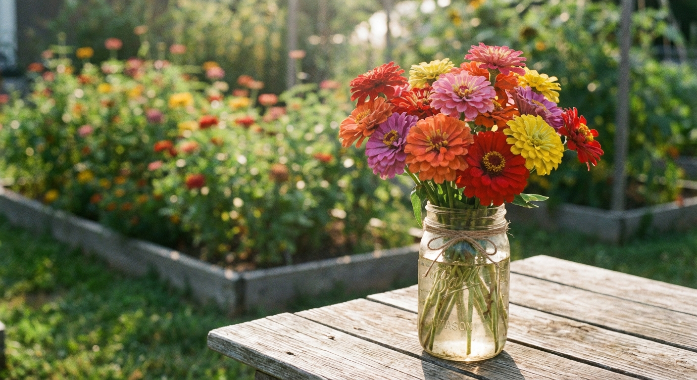 A mason jar filled with freshly cut zinnias in mixed colors on a rustic wooden table, with a garden bed softly blurred in the sunny background