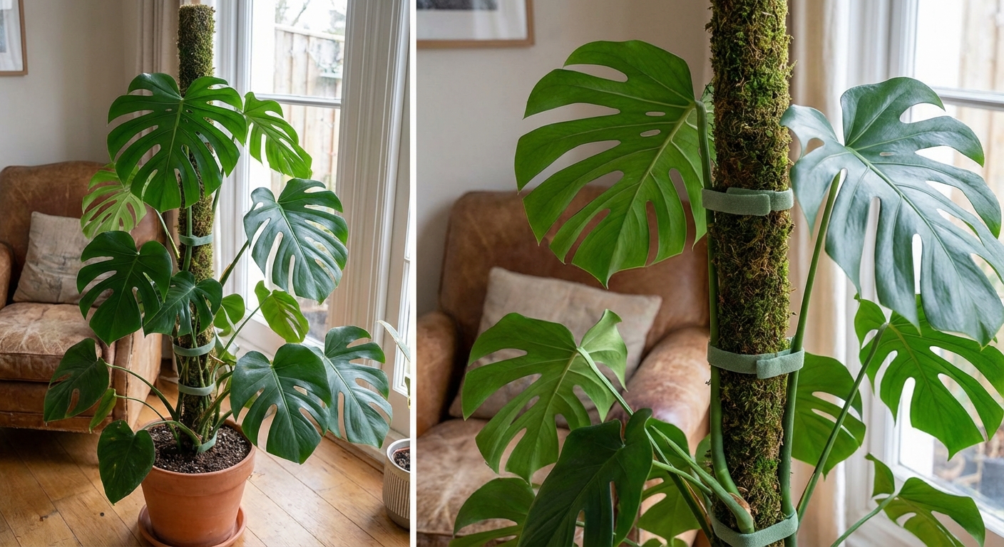 A mature Monstera deliciosa secured to a moss pole with soft plant ties, indoor living room setting, large split leaves climbing upward, photorealistic houseplant photography