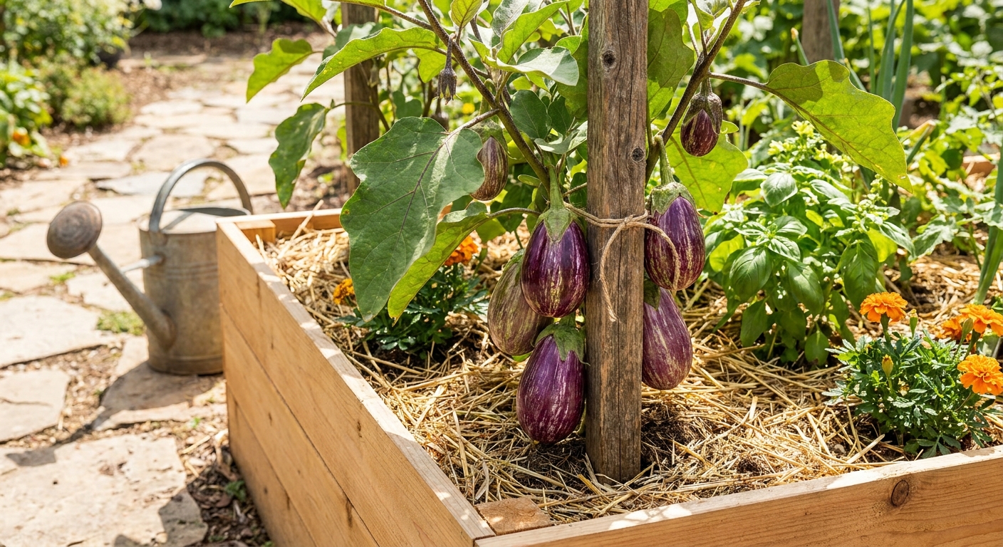 A mature eggplant plant tied to a wooden stake in a raised bed with several developing fruits and mulched soil