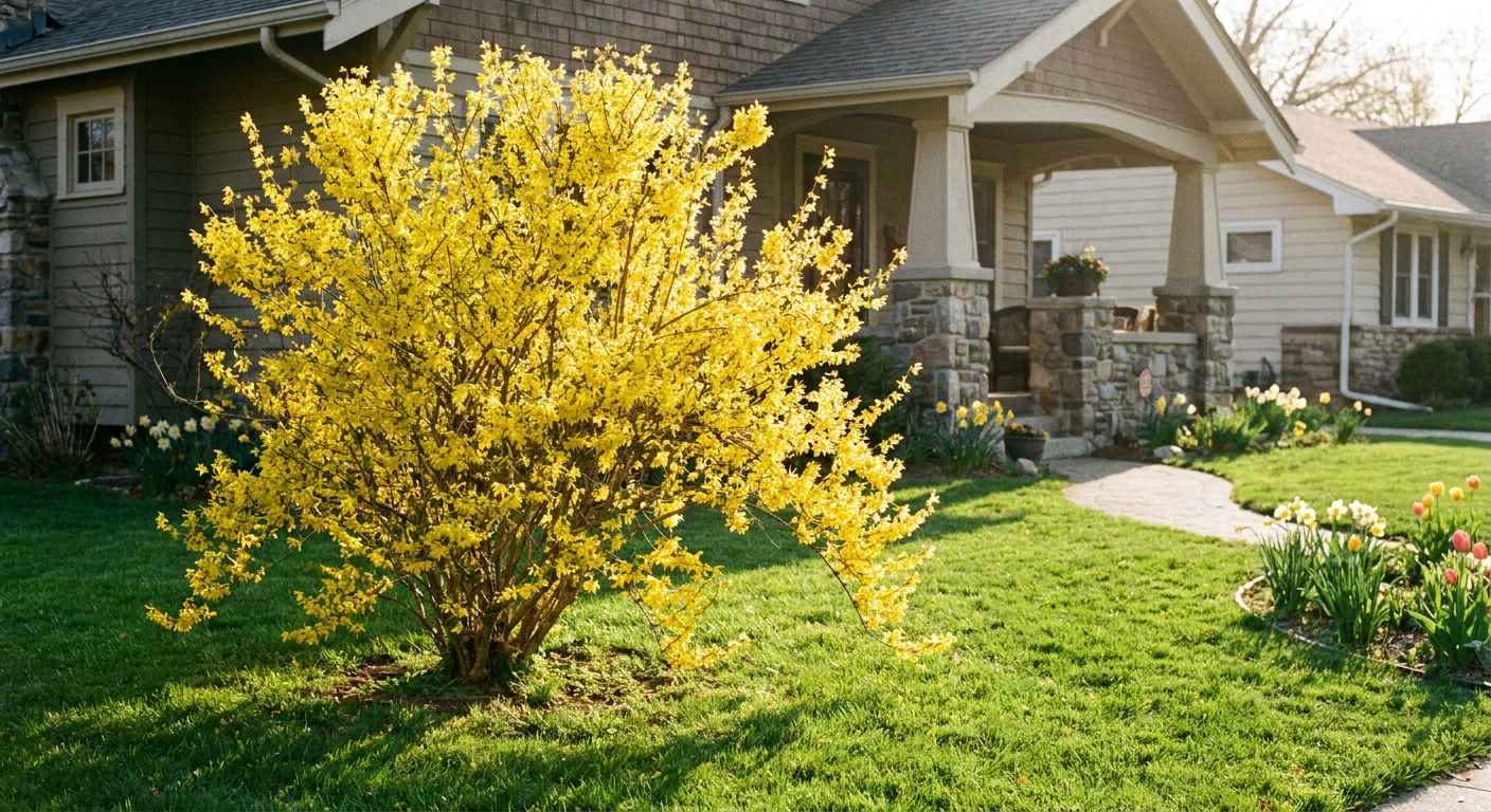 A mature forsythia shrub covered in bright yellow spring flowers in a sunny suburban front yard, with fresh green grass and soft afternoon light