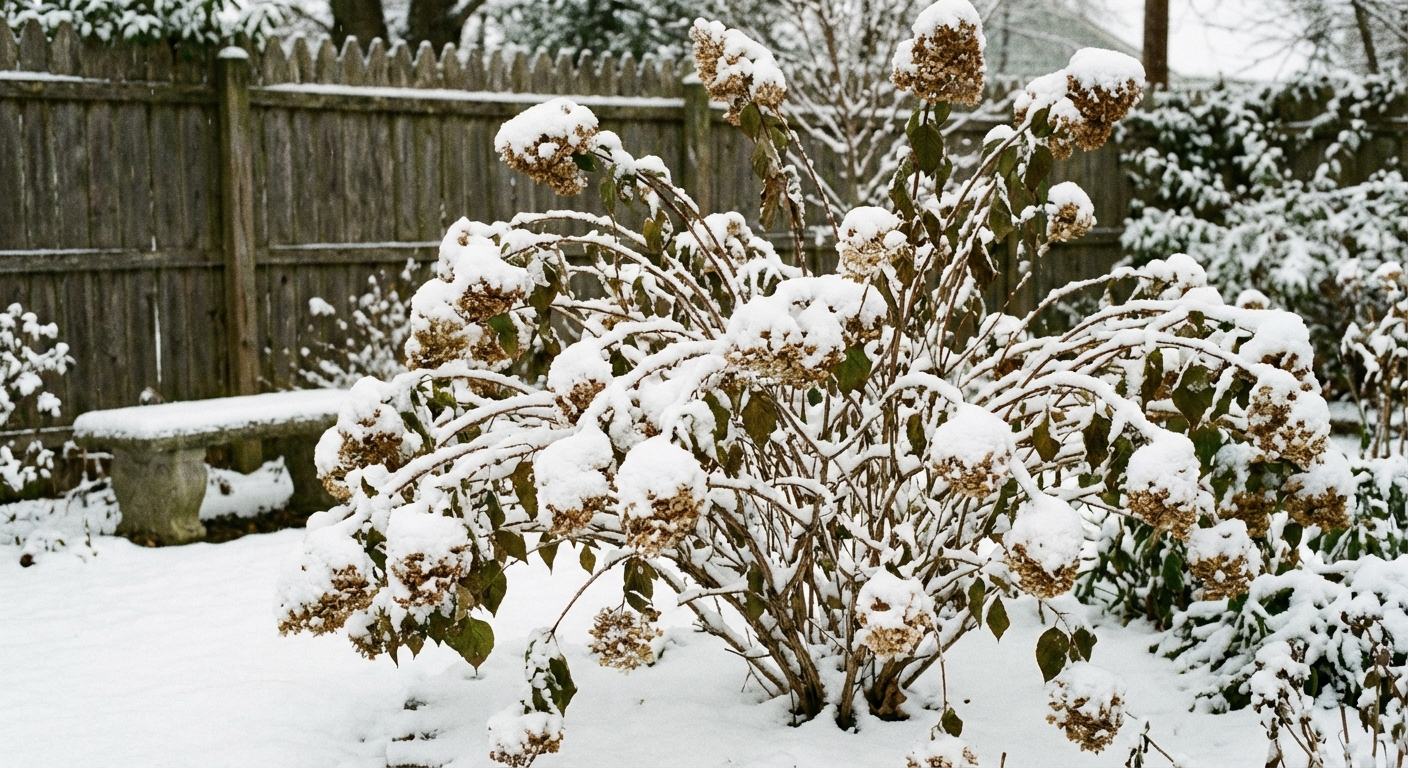 A mature hydrangea shrub weighed down by fresh snow in a quiet backyard garden, real photography style