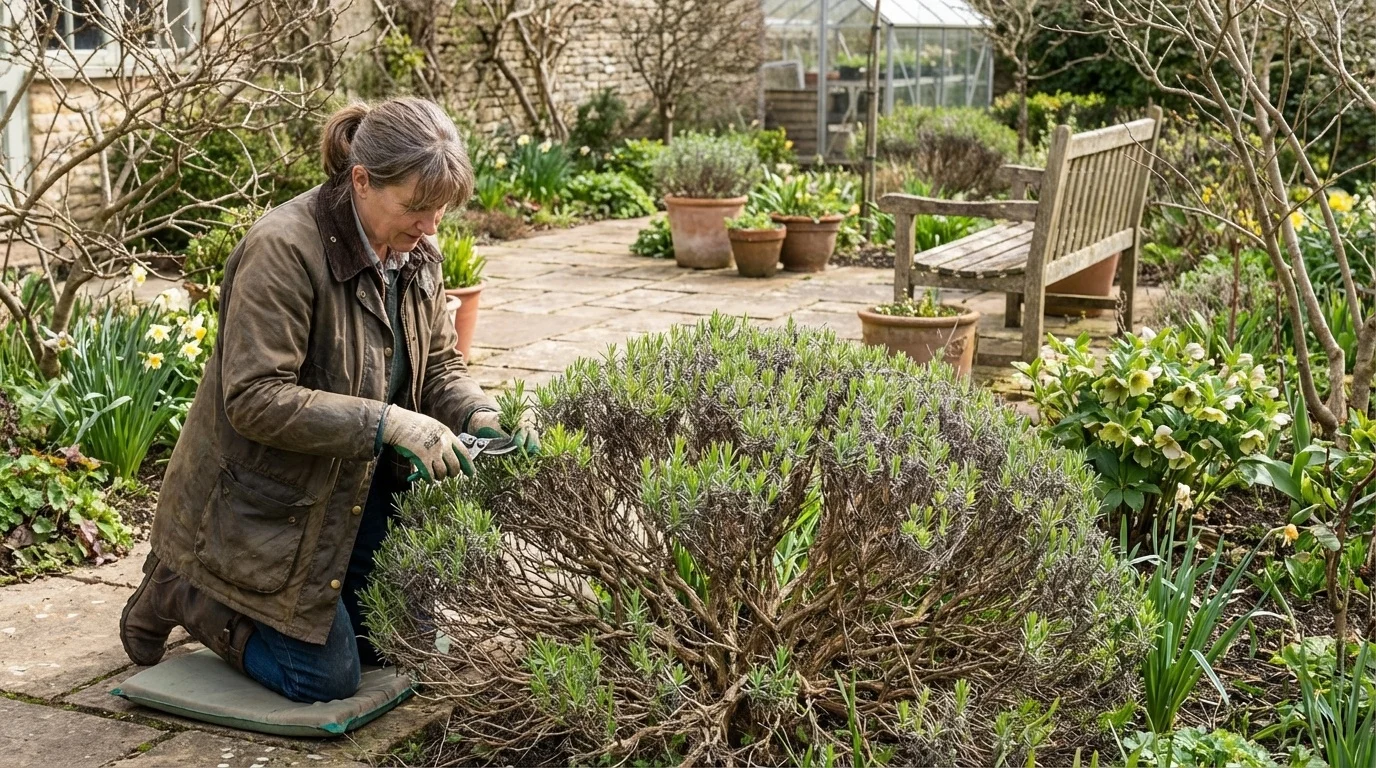 A mature lavender plant with a woody base and sparse foliage sitting in a sunny garden bed, showing leggy growth and an open center