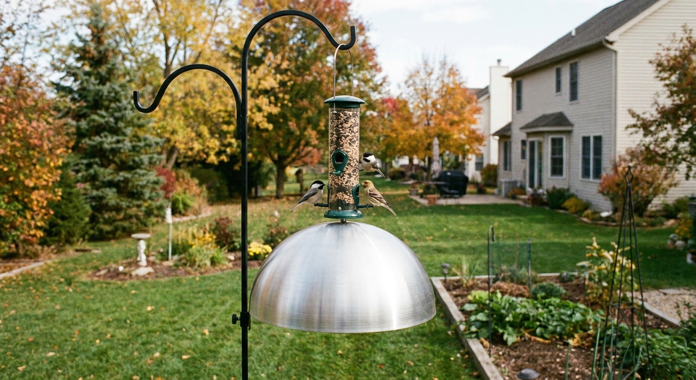 A metal dome baffle installed on a black metal bird feeder pole in a suburban yard, with a tube feeder hanging above it, real photograph