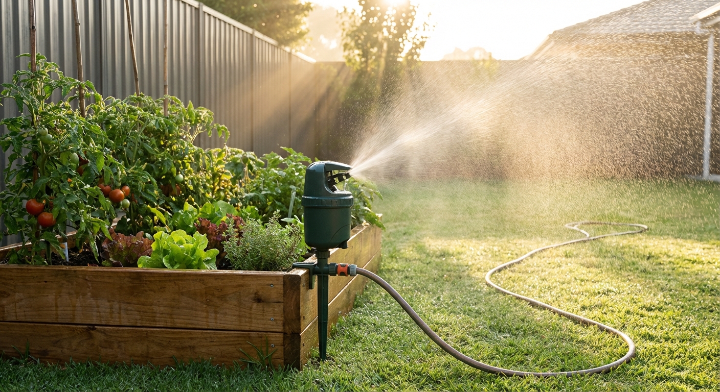 A motion-activated sprinkler set beside a vegetable garden bed in a suburban backyard, early morning light, photorealistic