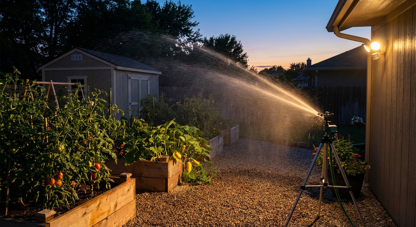 A motion-activated sprinkler set up beside a backyard vegetable garden, water spraying across a garden path at twilight, photorealistic outdoor scene
