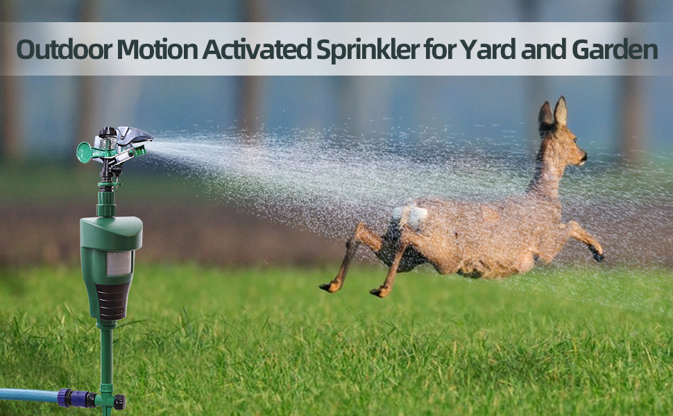 A motion-activated sprinkler spraying water across a backyard lawn edge near a vegetable garden at night, realistic flash photography style