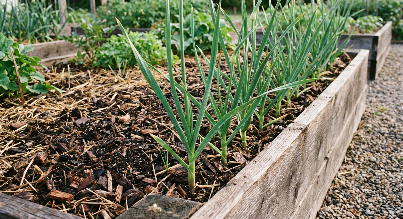 A neat border row of garlic plants growing along the edge of a raised vegetable bed, with dark soil and mulch visible, photographed at ground level