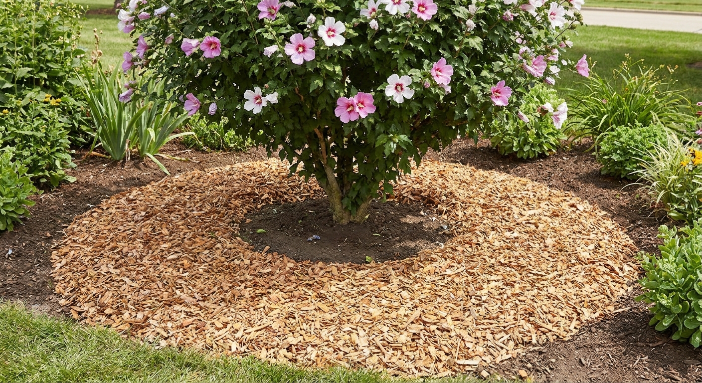 A neat mulch ring around the base of a Rose of Sharon shrub, showing bare space around the trunk and evenly spread wood chips