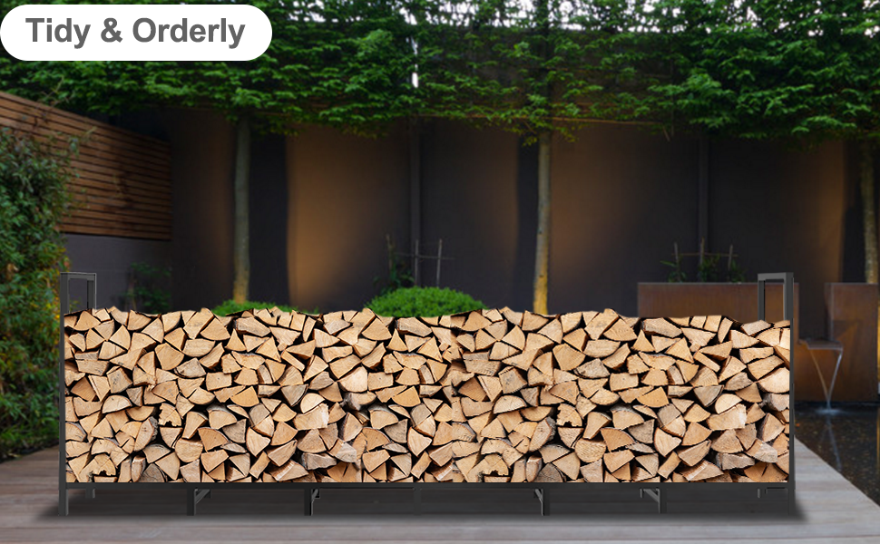 A neatly stacked woodpile raised on a metal rack several feet from a backyard shed, clear spring daylight photo
