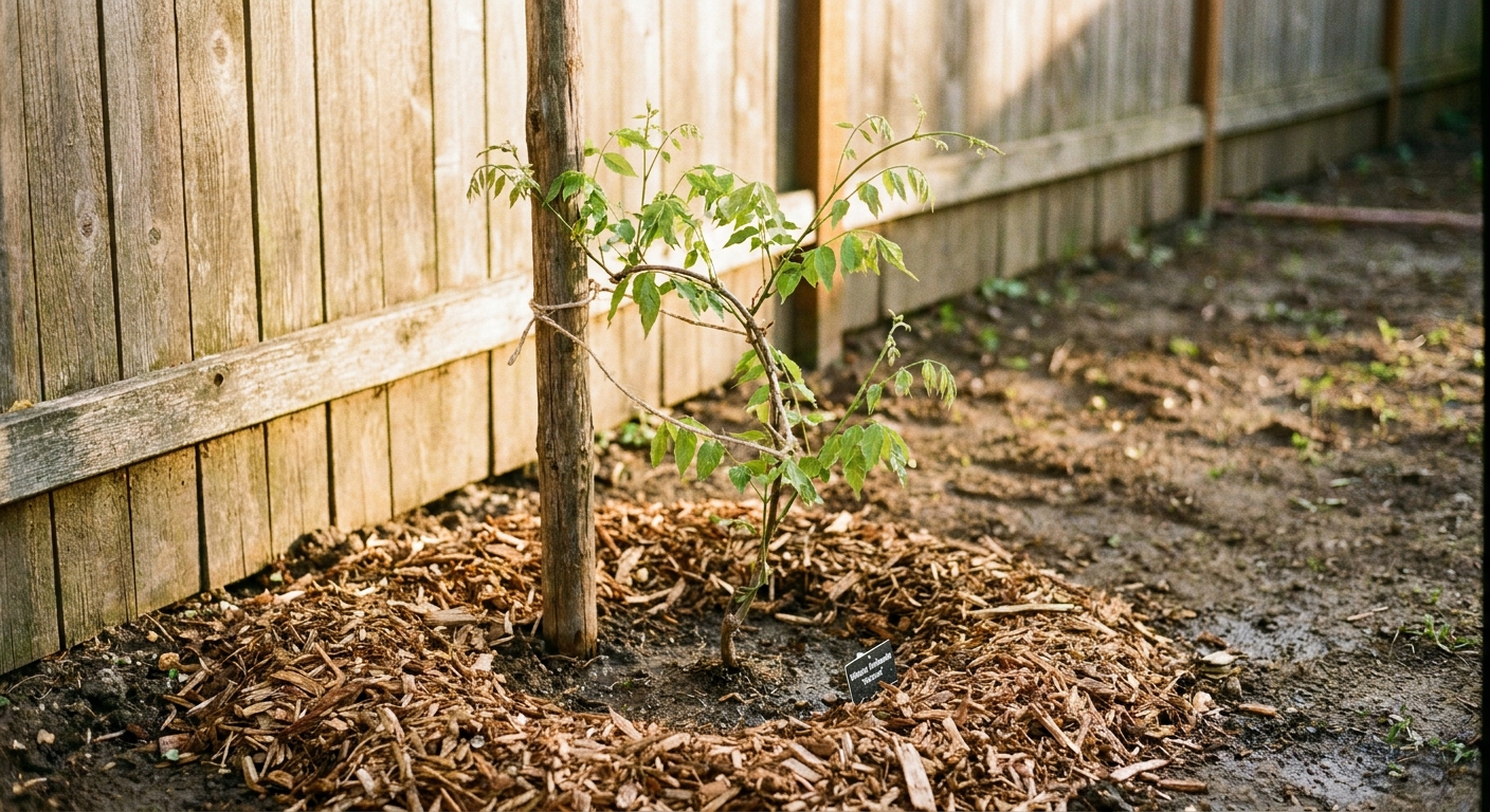 A newly planted young wisteria vine tied loosely to a temporary stake near a sunny fence with a wide mulch ring, real garden photography style