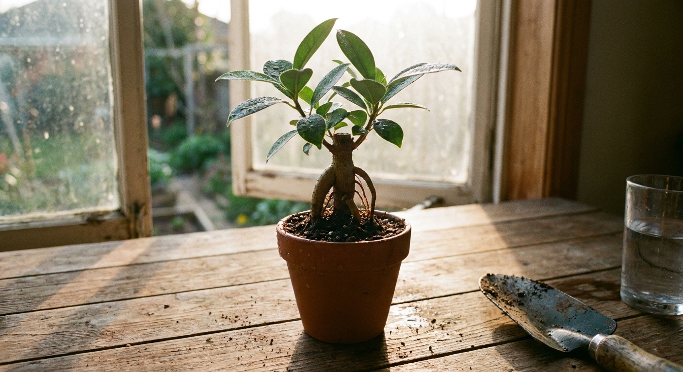 A newly potted air-layered ficus cutting in a small nursery pot with fresh soil, sitting on a wooden table near a window with soft morning light