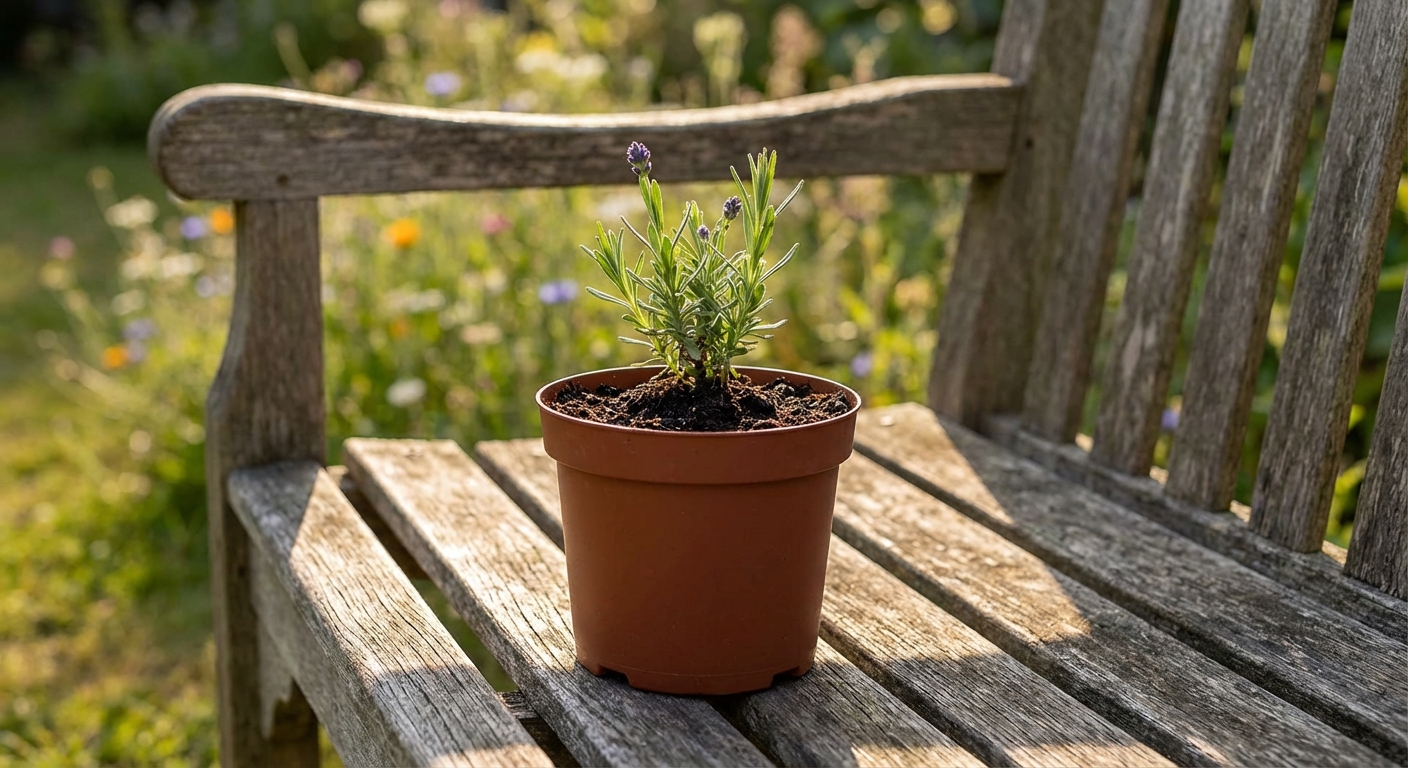 A newly potted lavender cutting in a small nursery pot with fresh potting mix, sitting on a garden bench with soft afternoon light, photorealistic