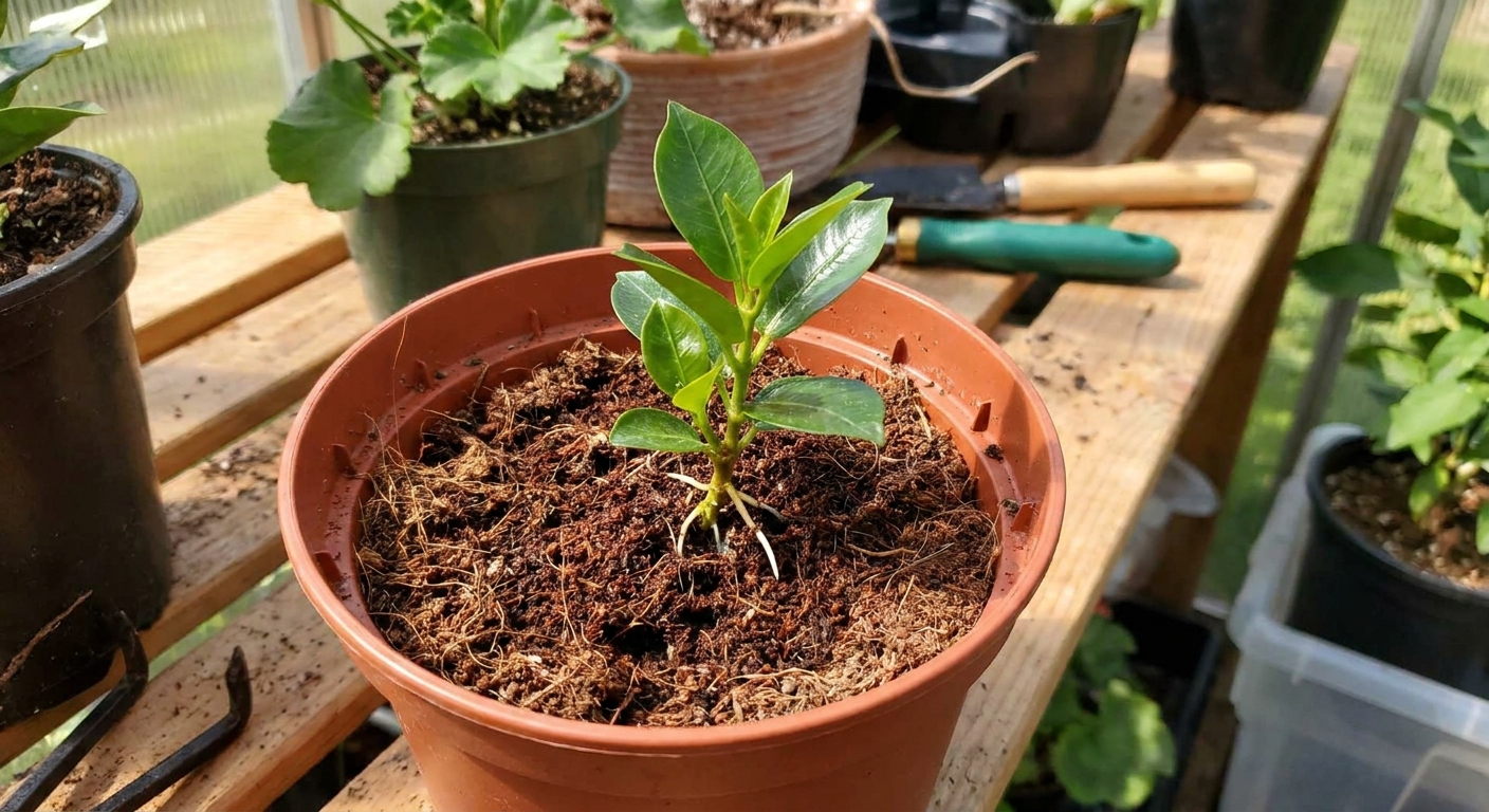 A newly rooted mandevilla cutting potted into a small nursery pot with fresh potting mix and a few new leaves forming