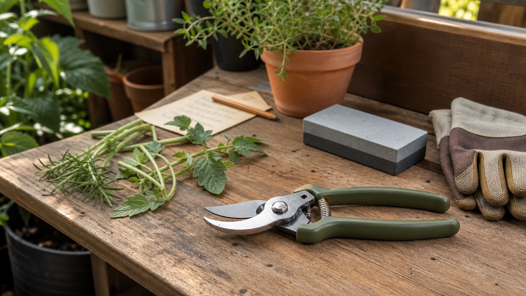 A pair of clean bypass pruners resting on a wooden garden bench beside a small pile of woody prunings