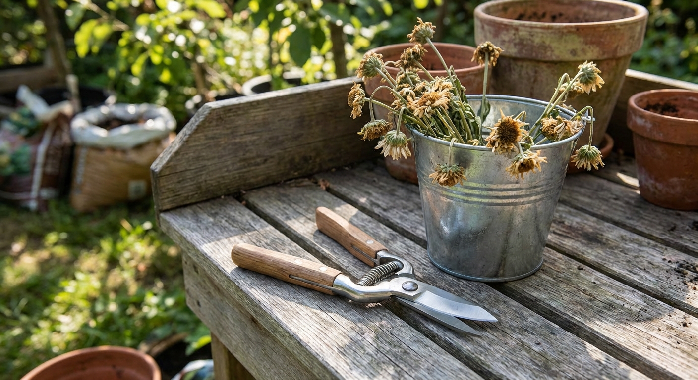 A pair of clean hand pruning snips resting on a wooden potting bench next to a small bucket of spent flower heads, natural outdoor light, photorealistic