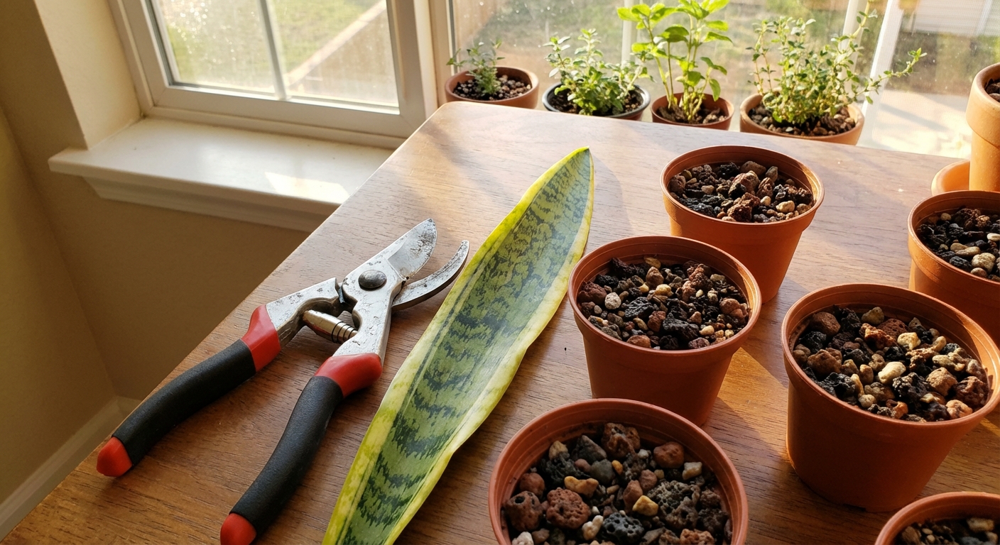 A pair of clean pruning shears, a healthy snake plant leaf, and small nursery pots with gritty potting mix laid out on a bright indoor table near a window, natural light, photorealistic