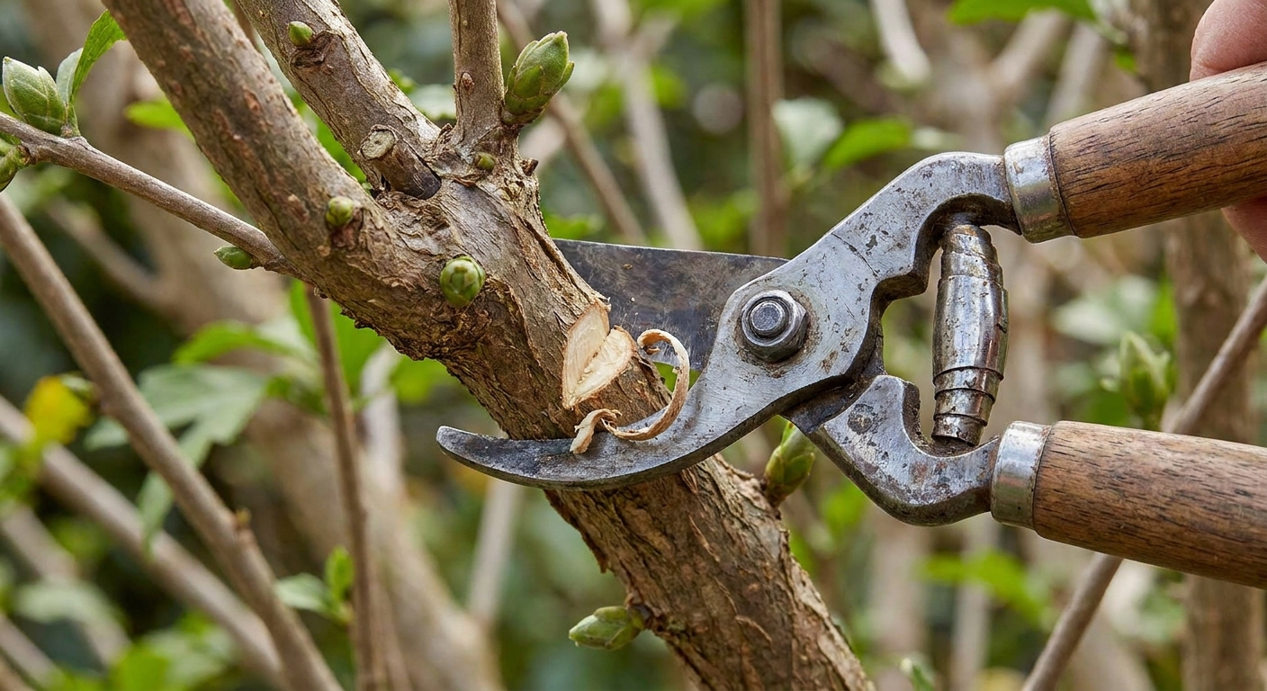 A pair of hand pruners cutting a woody Rose of Sharon branch near a node, showing a fresh pruning cut