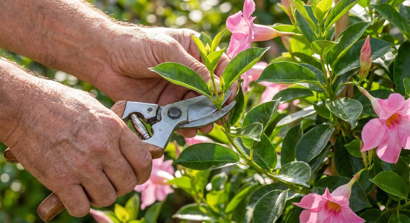 A pair of hands using clean pruners to cut a mandevilla stem just below a leaf node on a healthy vine