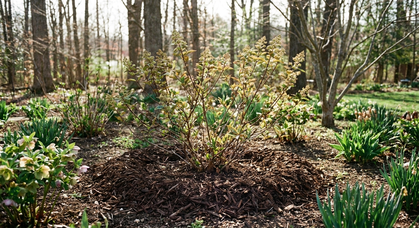A panicle hydrangea planted in a garden bed with a neat ring of shredded bark mulch around the base, early spring light, natural photography style