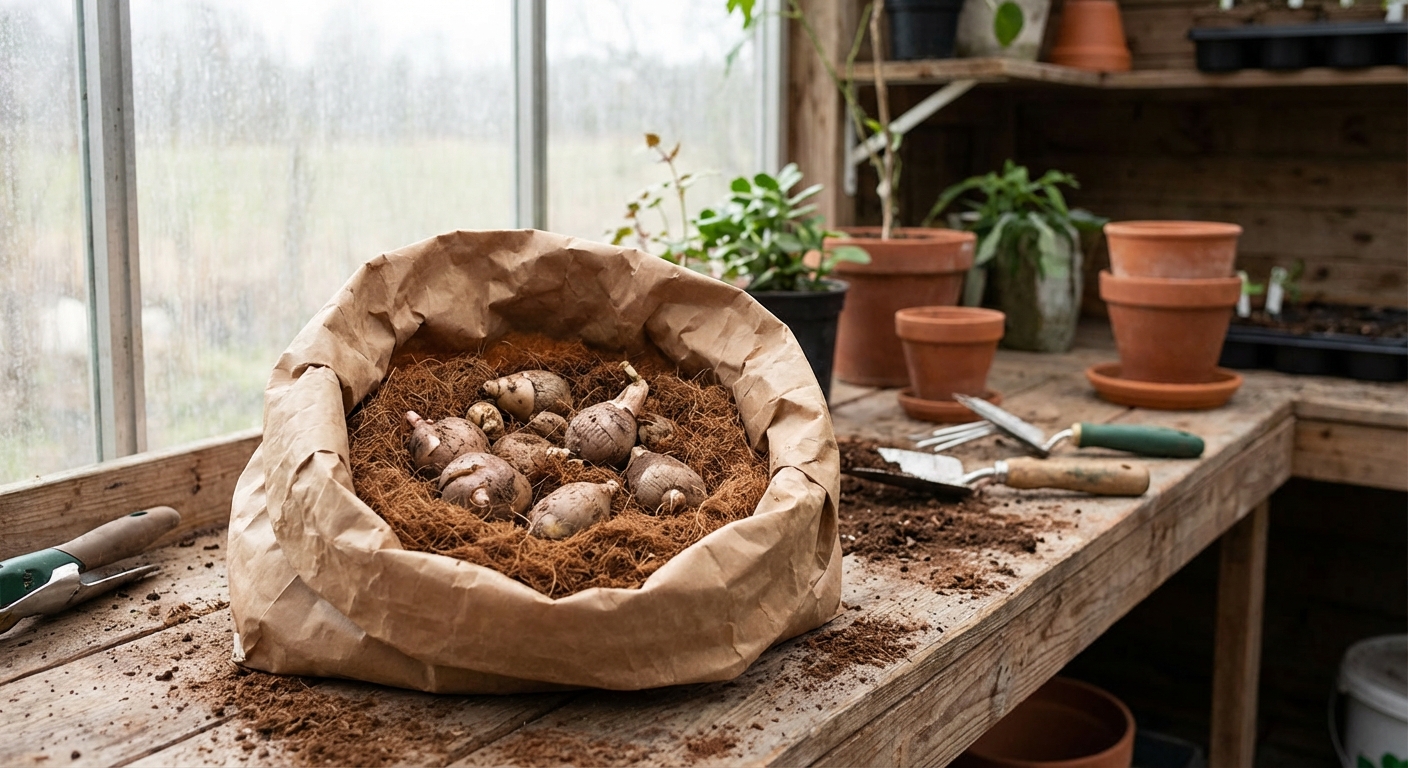 A paper bag filled with caladium tubers nestled in dry coco coir on a wooden potting bench, soft indoor light, photorealistic gardening photo