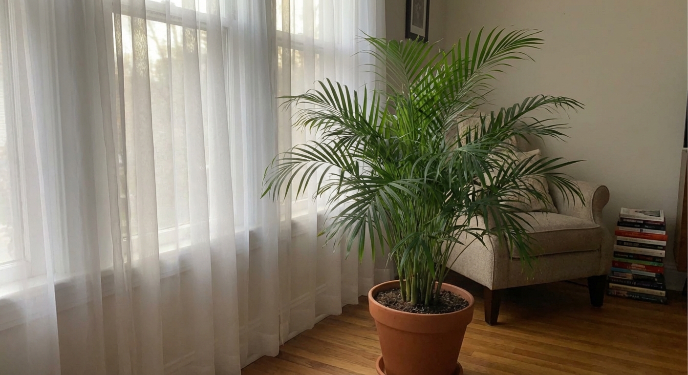 A parlor palm placed a few feet away from a sunlit window with sheer curtains, indirect light falling on the fronds, realistic indoor photography