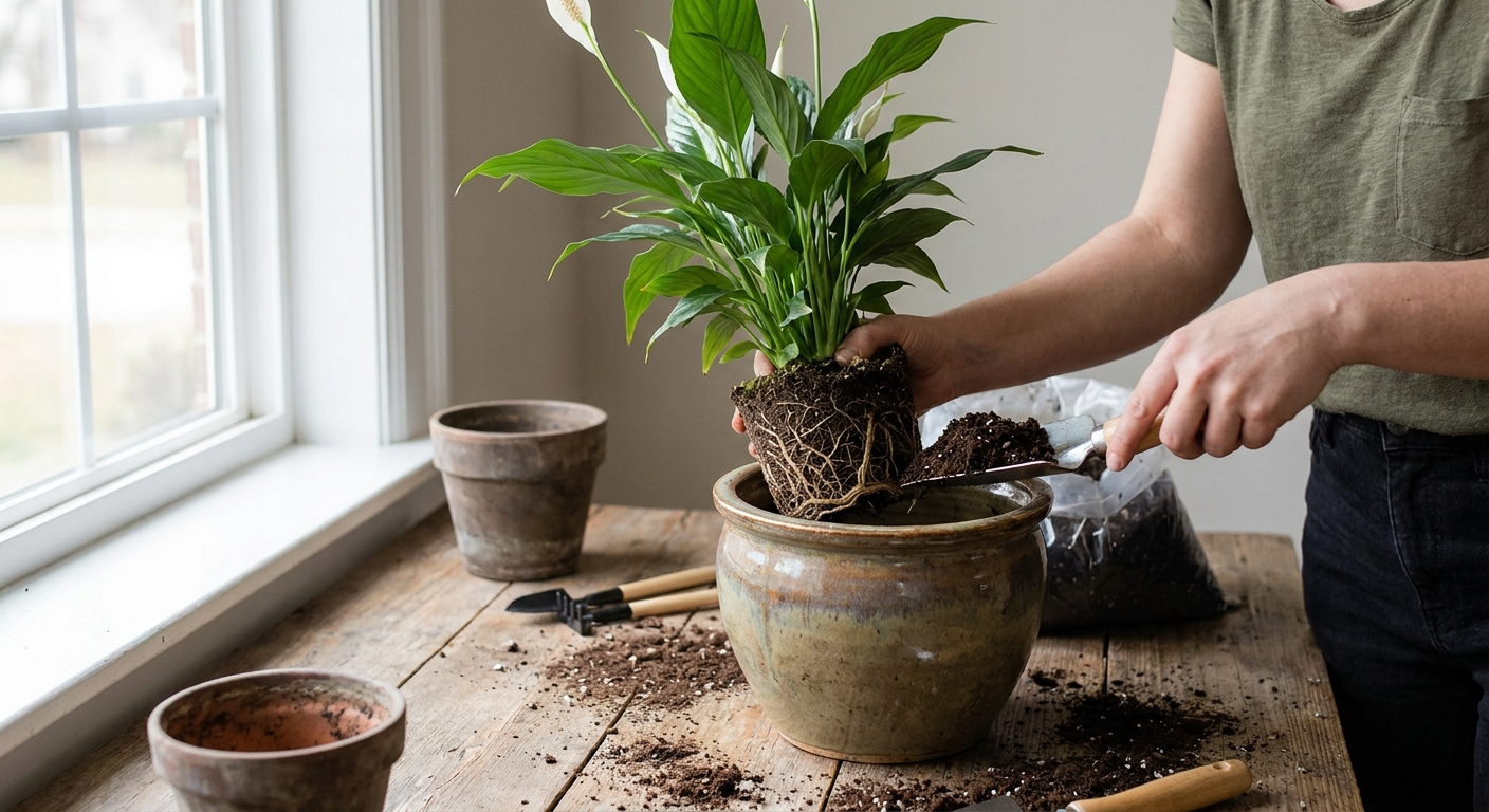 A peace lily being placed into a slightly larger ceramic pot while someone fills around the root ball with fresh potting mix, indoor natural light