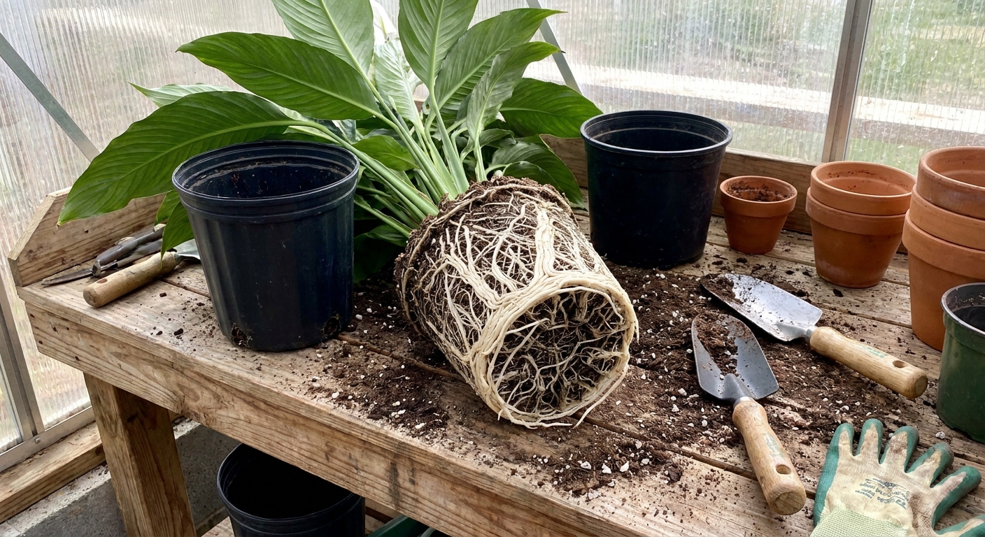 A peace lily pulled from a plastic pot with thick white roots circling tightly around the root ball, photographed on a potting bench