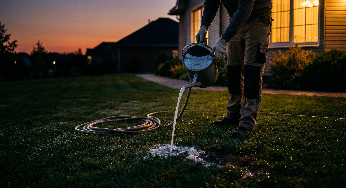 A person applying beneficial nematodes to a lawn using a watering can at dusk, with a garden hose and moist turf visible, realistic photograph