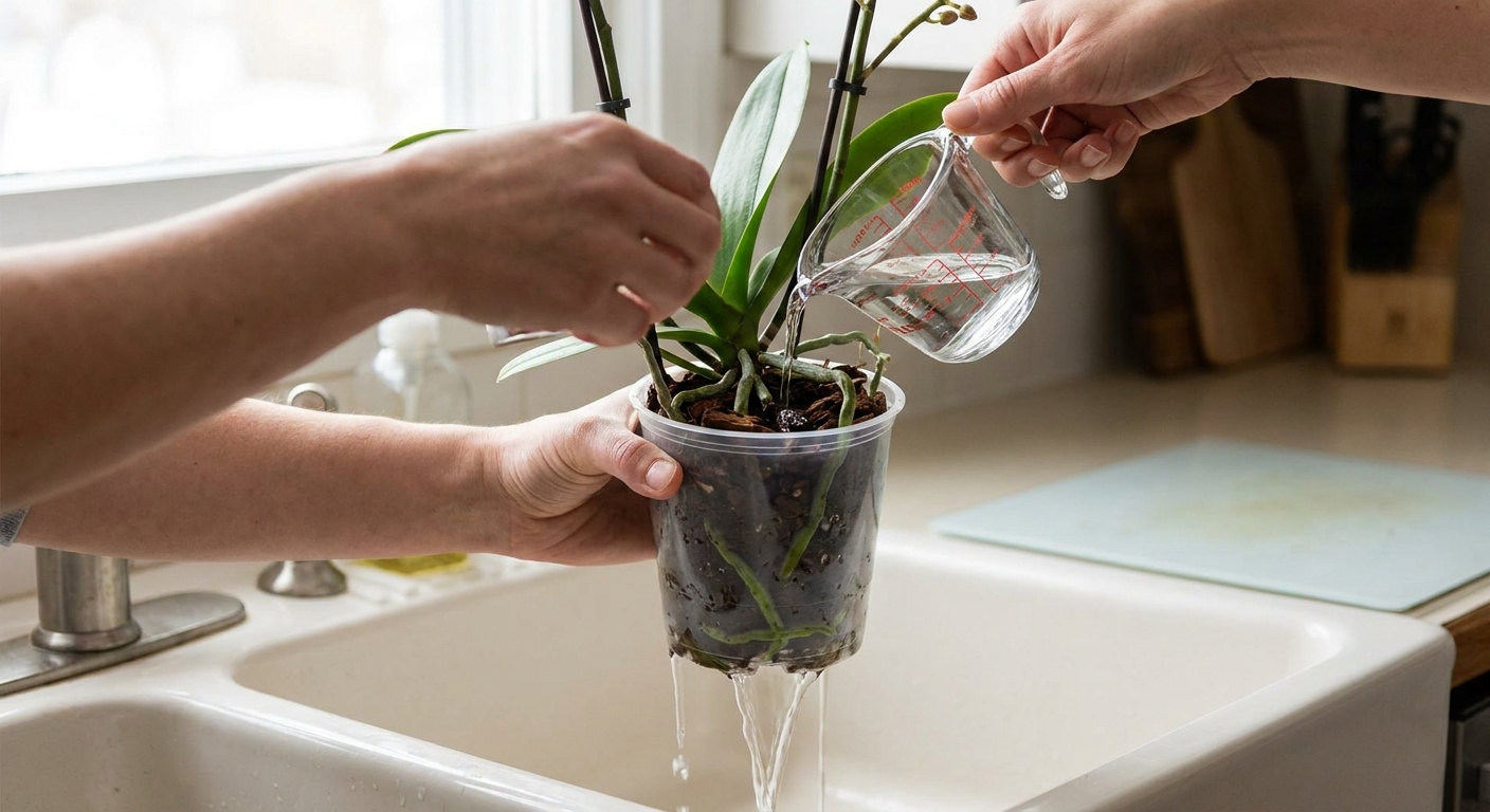A person gently pouring room-temperature water from a small measuring cup into a clear orchid pot over a sink, with water draining freely from the bottom