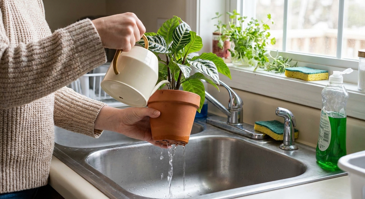 A person gently watering a zebra plant in a nursery pot at a kitchen sink, water flowing through drainage holes, realistic indoor photography