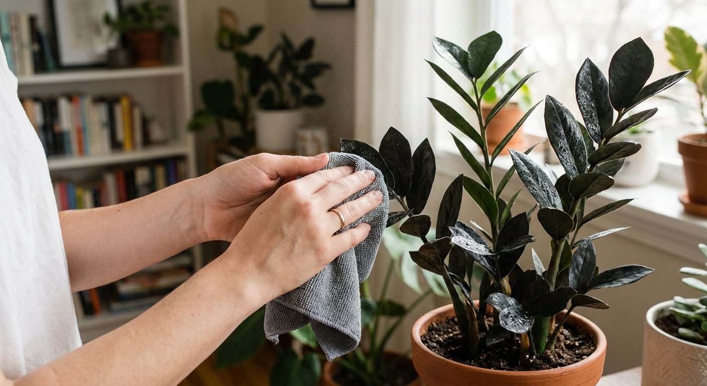 A person gently wiping dust off a Raven ZZ leaf with a damp microfiber cloth in soft indoor light