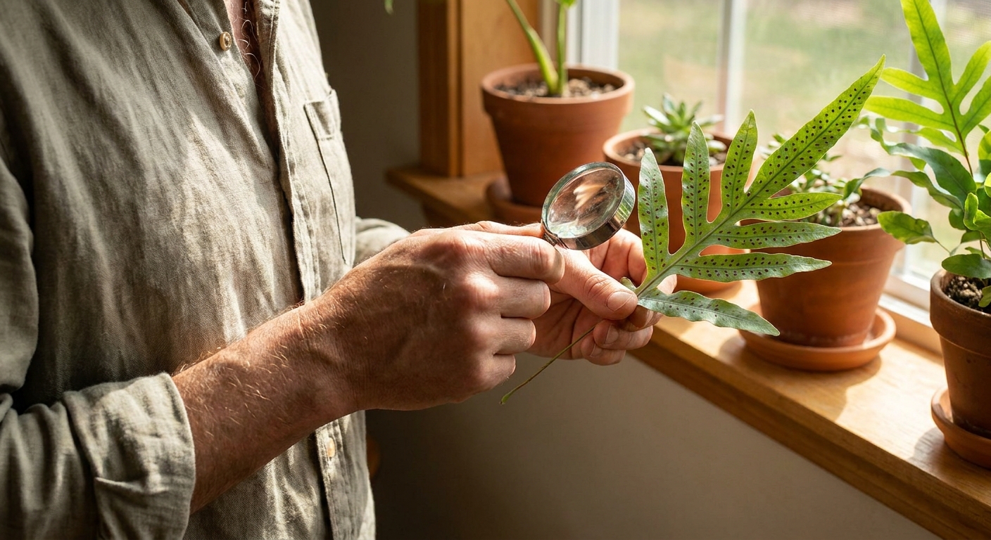 A person holding a Blue Star Fern frond and using a small magnifying glass to check the underside for pests near a sunny window, realistic photo