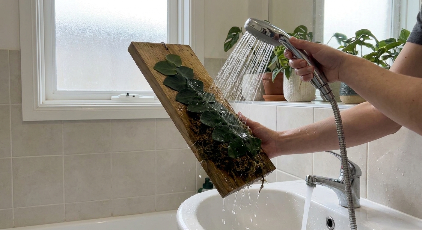 A person holding a mounted Rhaphidophora hayi under a gentle shower stream while water runs off the wooden mount into a sink