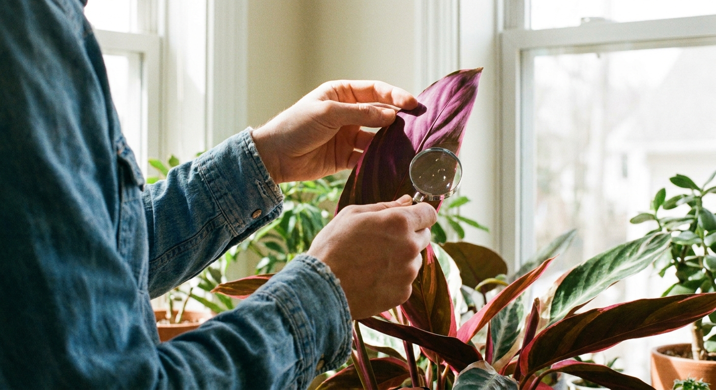 A person lifting a Stromanthe ‘Triostar’ leaf to inspect the purple underside for pests in window light