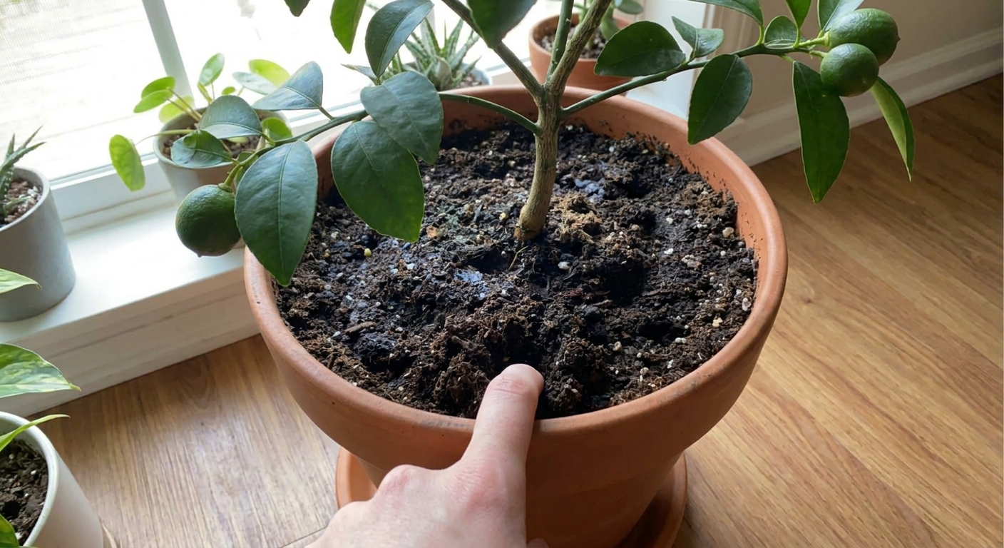 A person pressing a finger into the soil of a potted indoor citrus tree to check moisture near the pot rim
