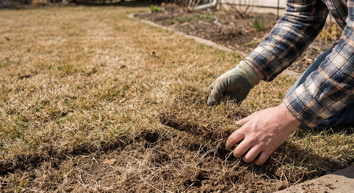 A person pulling up a small section of turf at the edge of a brown lawn patch to check roots, real photo