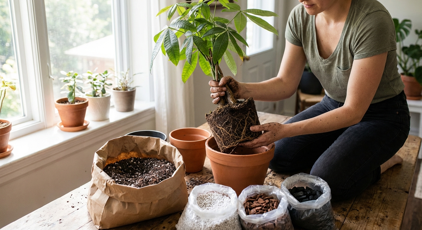 A person repotting a money tree on a table, with the root ball visible and fresh chunky potting mix nearby, indoor natural light, photorealistic