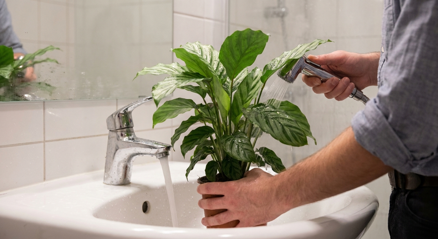 A person rinsing a leafy houseplant in a white bathroom sink with lukewarm water, focusing on the undersides of leaves, realistic indoor photo