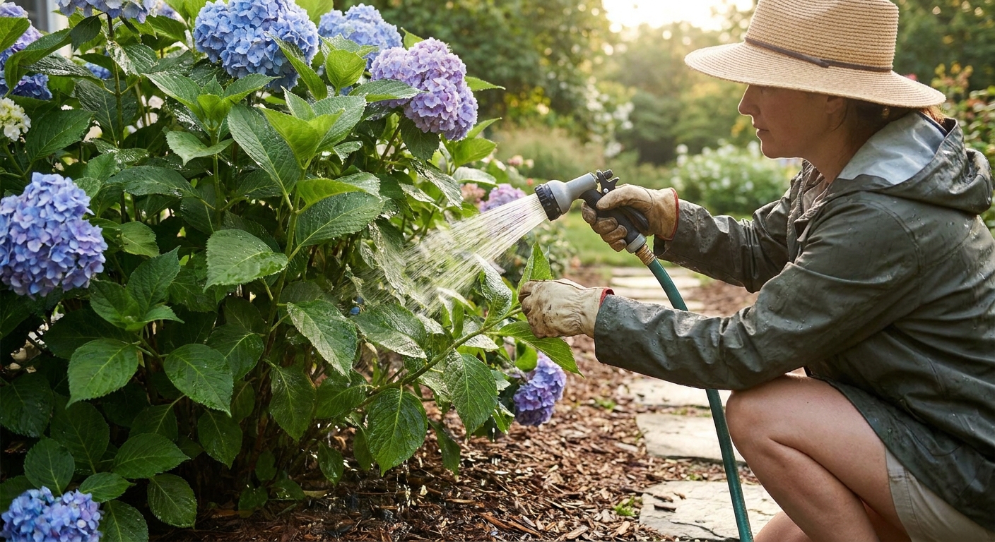 A person using a hose spray to rinse the underside of hydrangea leaves on an outdoor shrub