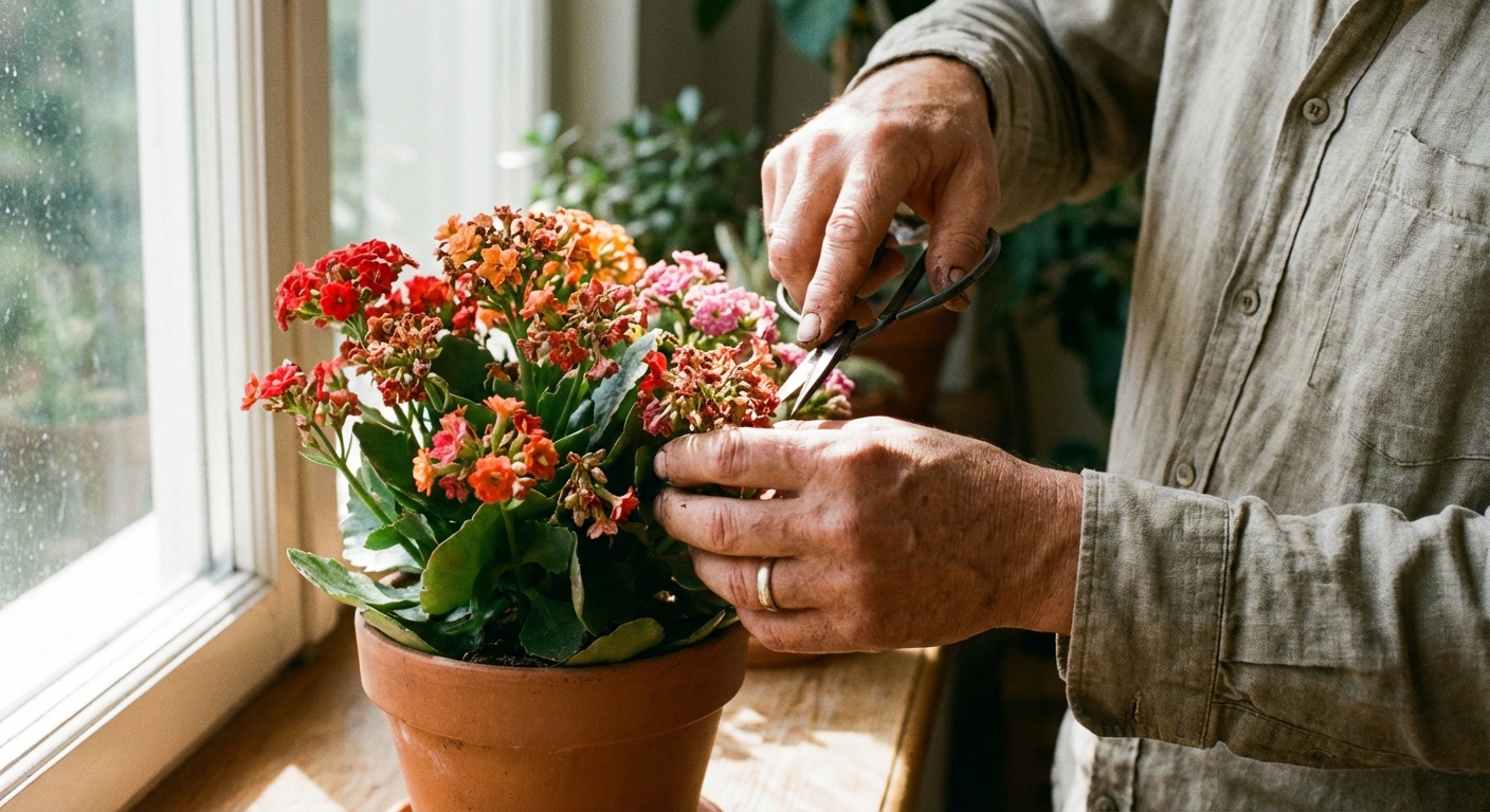 A person using small pruning scissors to remove spent flower clusters from a potted kalanchoe, close-up of hands and plant, indoor natural light, photorealistic