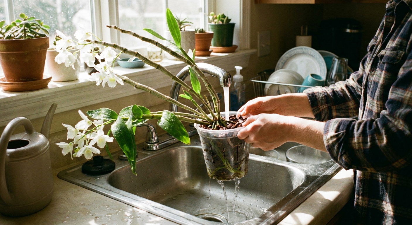 A person watering a Dendrobium orchid in a kitchen sink, water flowing through a clear orchid pot and draining freely, realistic home photo