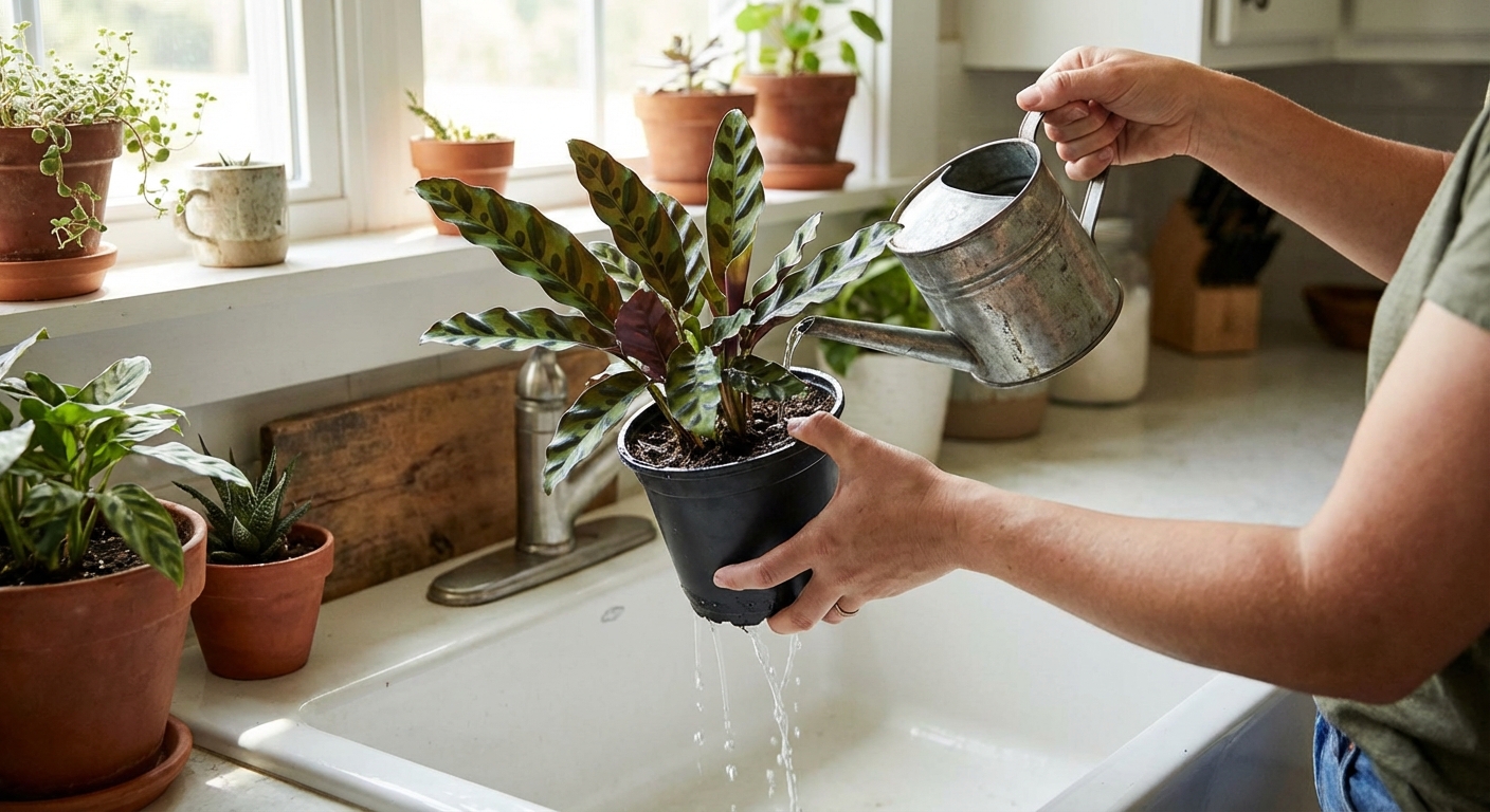 A person watering a Goeppertia insignis (often sold as Calathea lancifolia) in a nursery pot over a sink using a small watering can, with water draining freely from the bottom