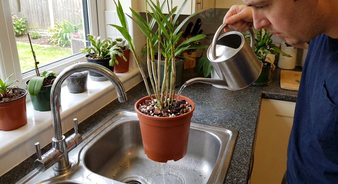 A person watering a reed-stem Epidendrum orchid in a plastic nursery pot at a kitchen sink, water flowing through bark mix and draining freely
