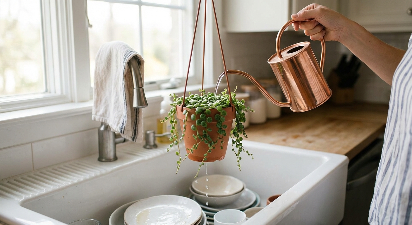 A person watering a small hanging pot of String of Turtles over a kitchen sink, water flowing gently from a narrow spout watering can, natural indoor light, realistic photography