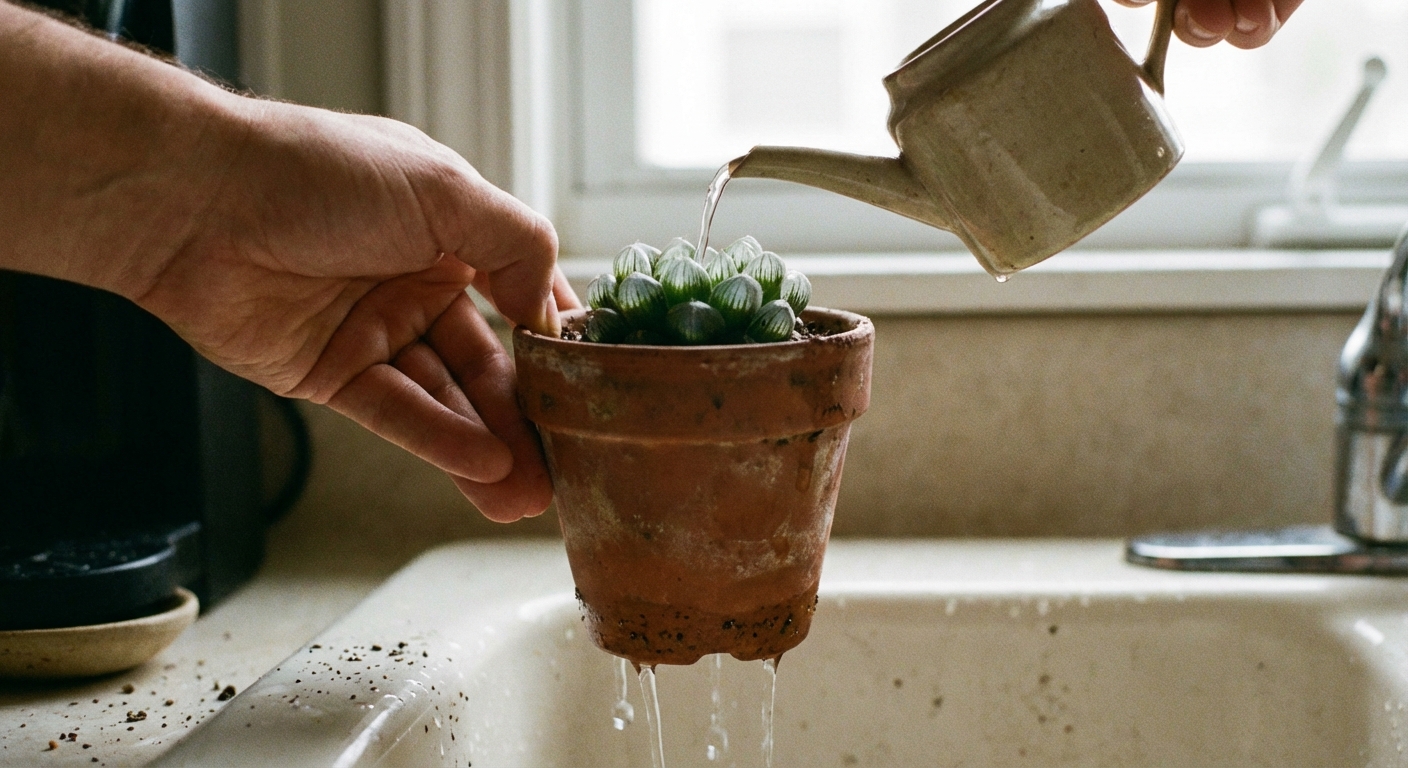 A person watering a small haworthia in a terracotta pot over a kitchen sink, water flowing through the drainage hole, realistic close-up photography