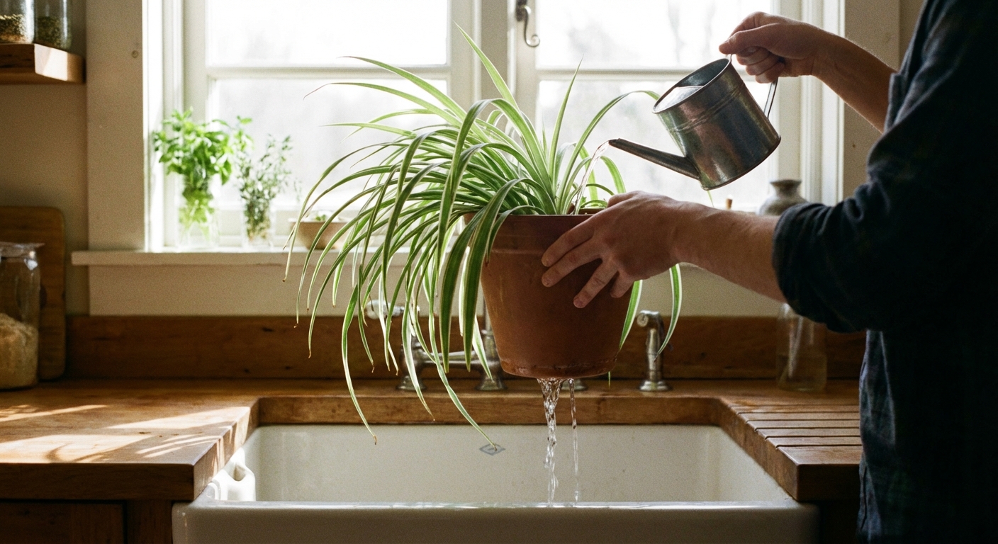 A person watering a spider plant in a terracotta pot at a kitchen sink while water drains from the bottom, bright natural light
