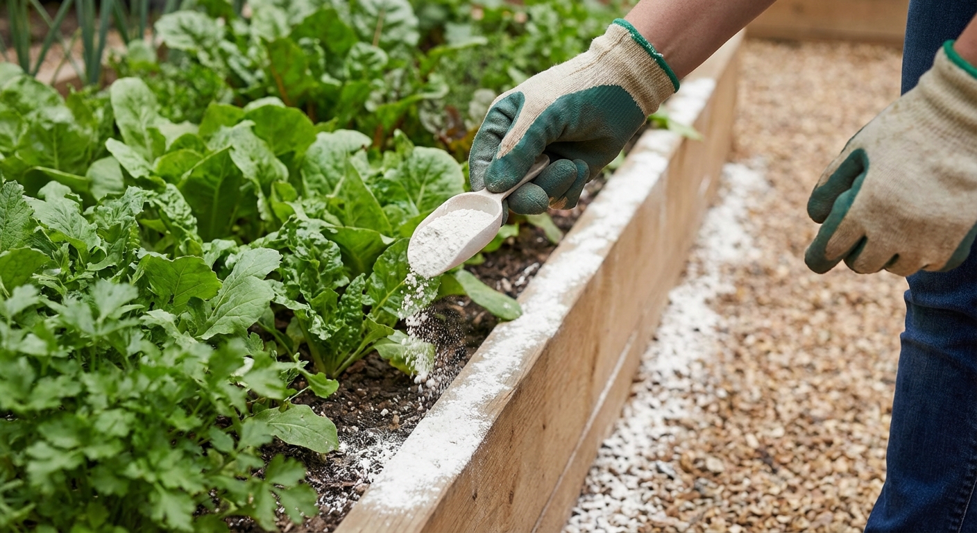 A person wearing gardening gloves gently shaking food-grade diatomaceous earth along the edge of a garden bed near a path, close-up photo with visible powder line