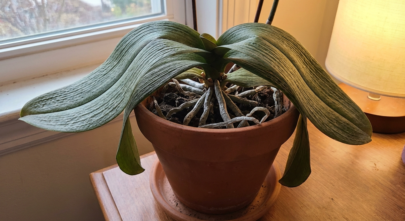 A photo of a Phalaenopsis orchid with slightly limp, pleated leaves in a pot on a table, showing the look of dehydration under indoor light