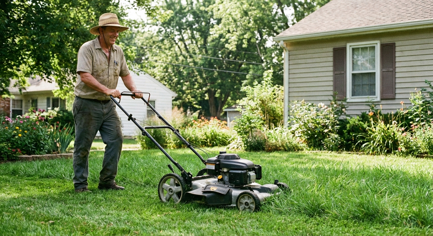 A photo of a homeowner mowing a green lawn with the mower deck set high, leaving taller grass blades and a lush canopy